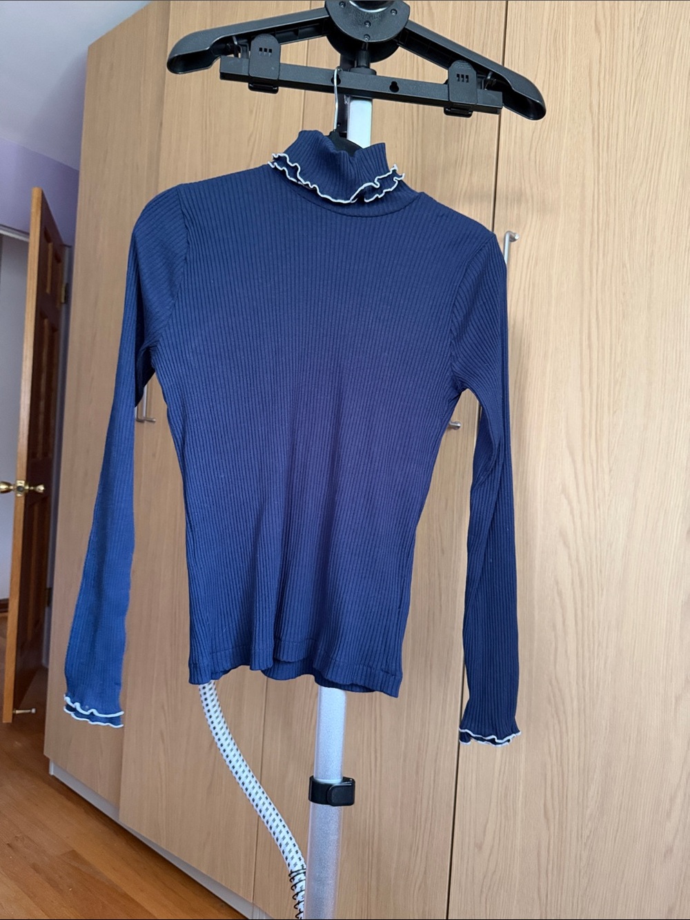 J. Crew Navy Ribbed Long-Sleeve Mock Neck Top with White Trim